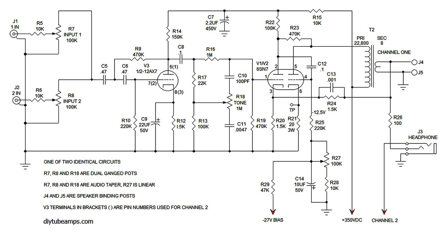 low power 1/2 watt 6SN7 headphone amplifier circuit